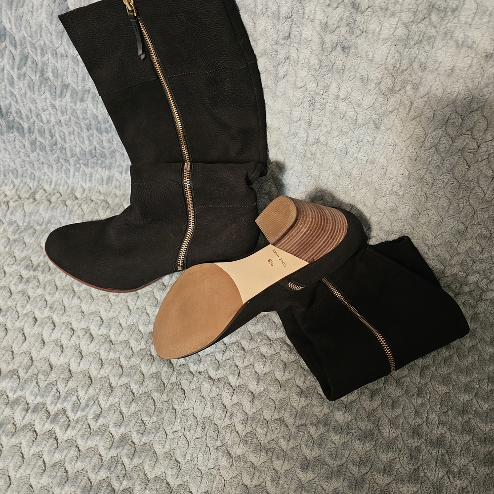 Cole Haan Black Heeled Boots with Gold Zipper